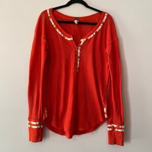 We The Free Women's size Medium Orange Red Embroidered Henley Long Sleeve Shirt